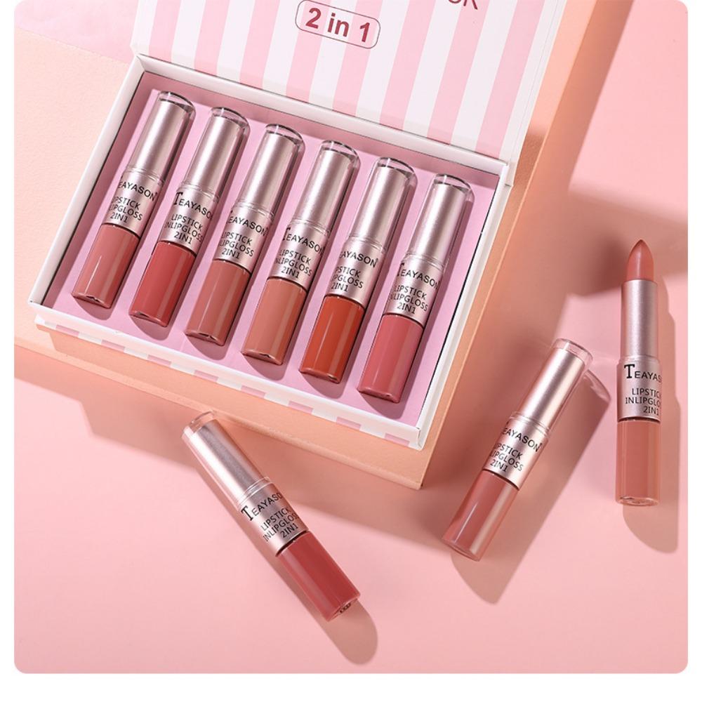 TEAYASON 2 IN 1 LIPSTICK & LIP GLOSS WATERPROOF LONG LASTING LIP TINT VELVET - 6PCS/SET
